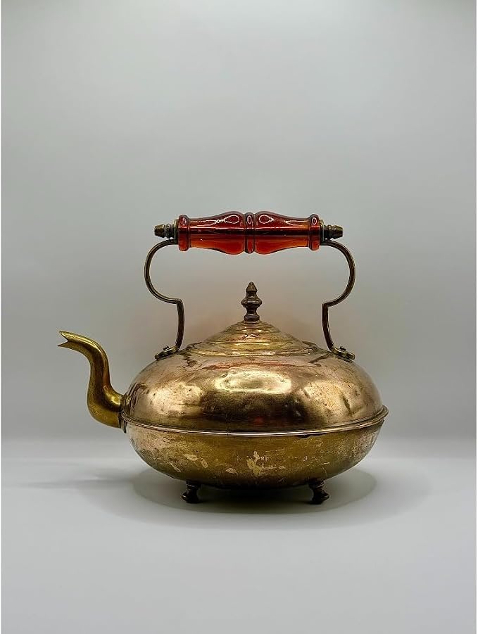 Antique Brass Toddy Kettle, Amber Handle, Footed Copper Tea Kettle, Teapot - Image 2