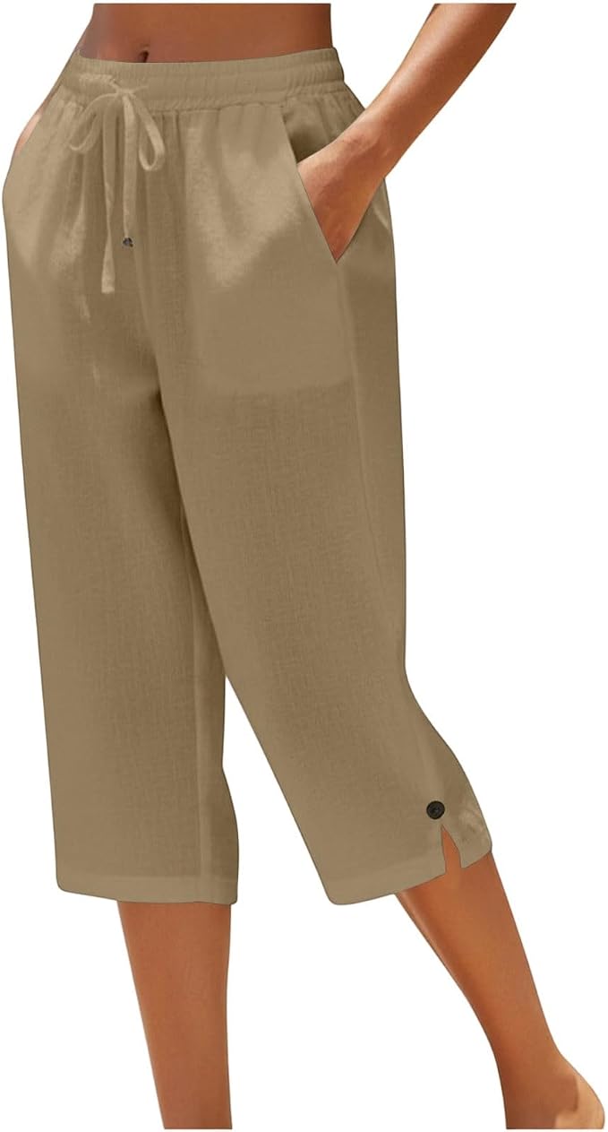 Straight Leg Capri Linen Pants for Women Elastic Waist Drawstring Pant Summer by Unknown