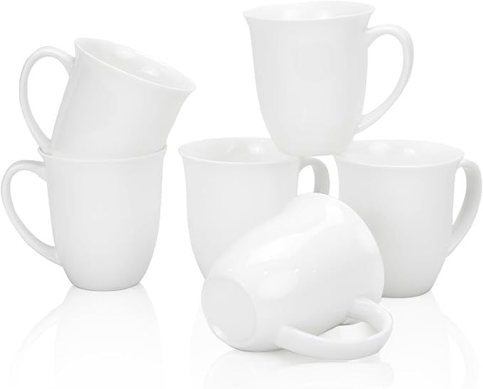 Fine Bone China Coffee Mugs Set of 6, 13 Oz White Tea Cups by COSTMANCE