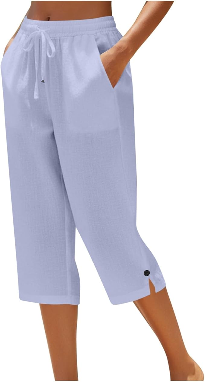 Straight Leg Capri Linen Pants for Women Elastic Waist Drawstring Pant Summer by Unknown