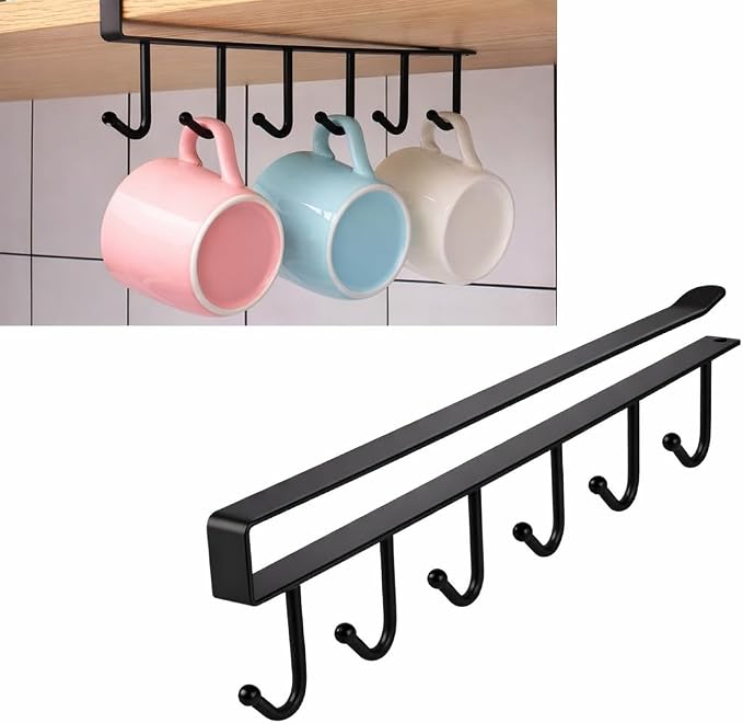 Under Cabinet Mug Holder 2 Pack, 6 Hooks Under Shelf Mug Organizer, Heavy Duty - Image 2