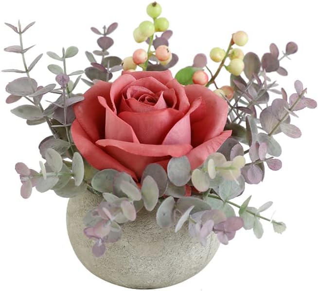 Small Artificial Pink Rose Potted Plant, Mini Faux Floral Arrangement by RosscerArtificialFlowers