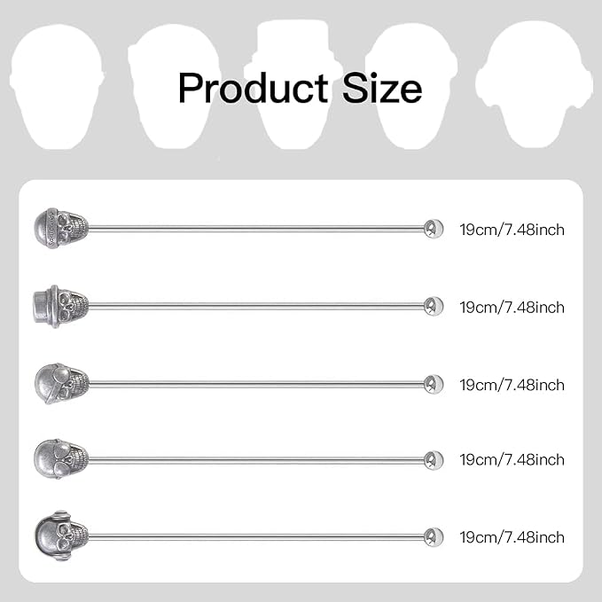 Skull Shape Swizzle Sticks, Reusable Stainless Steel Coffee Beverage Stirrers - Image 3