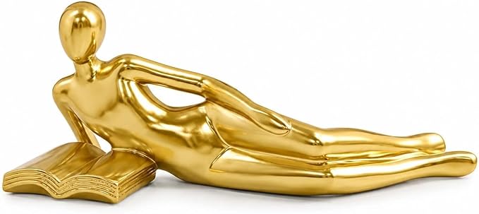 Gold Reading Statue Style D, Abstract Reader Figurine, Resin Book Decor by LINZHEN