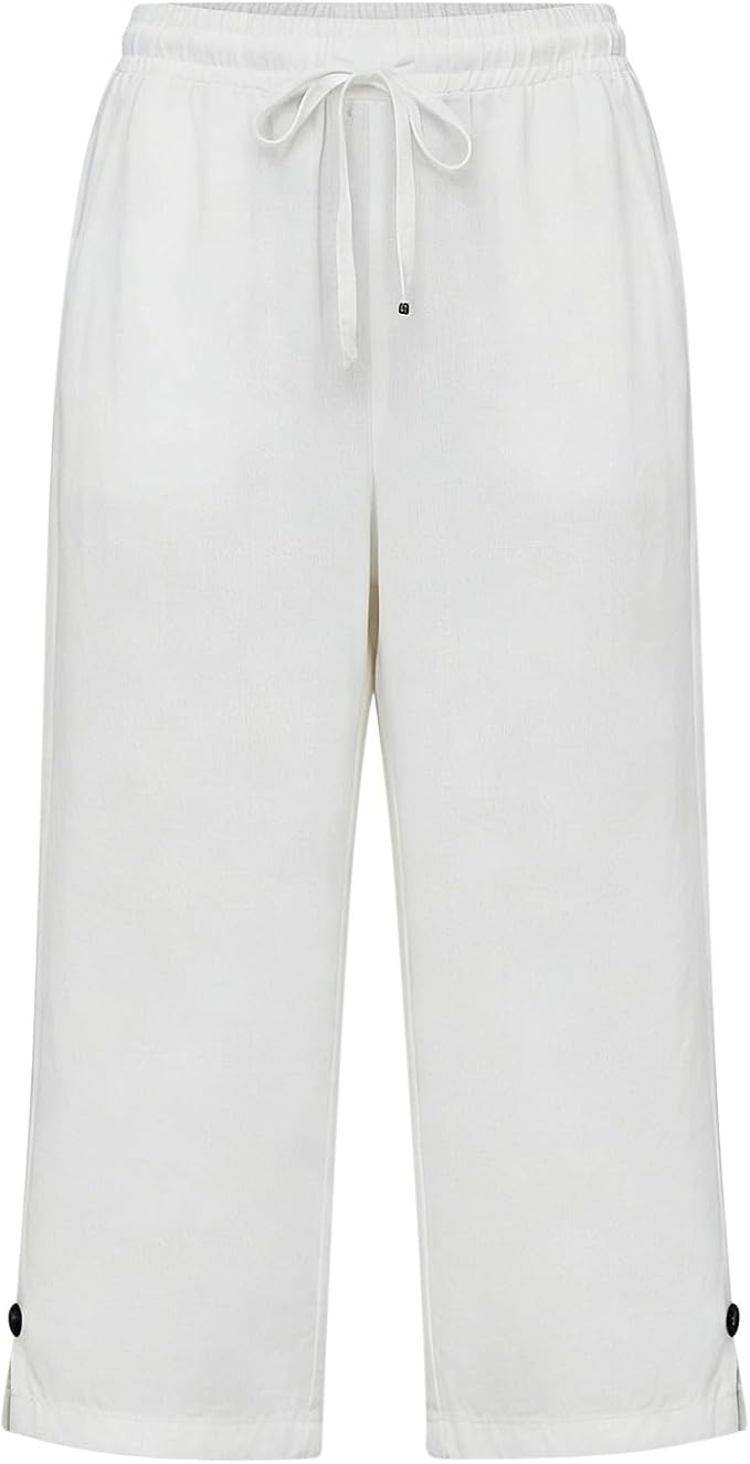 Straight Leg Capri Linen Pants for Women Elastic Waist Drawstring Pant Summer - Image 4