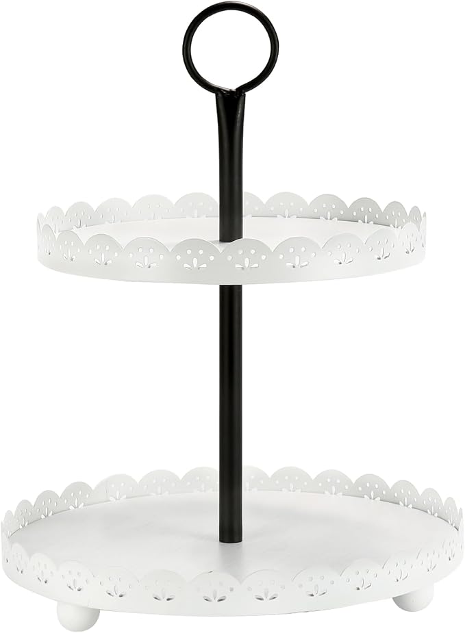 Wooden Two Tiered Tray Stand, Farmhouse Round 2 Tier Decorative Tray by SYNCVIBE