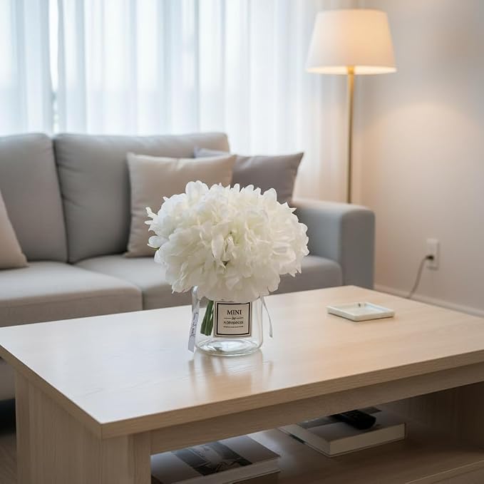 LADADA Artificial White Peony Flowers in Vase, Wedding Bathroom Home Table Decor - Image 6