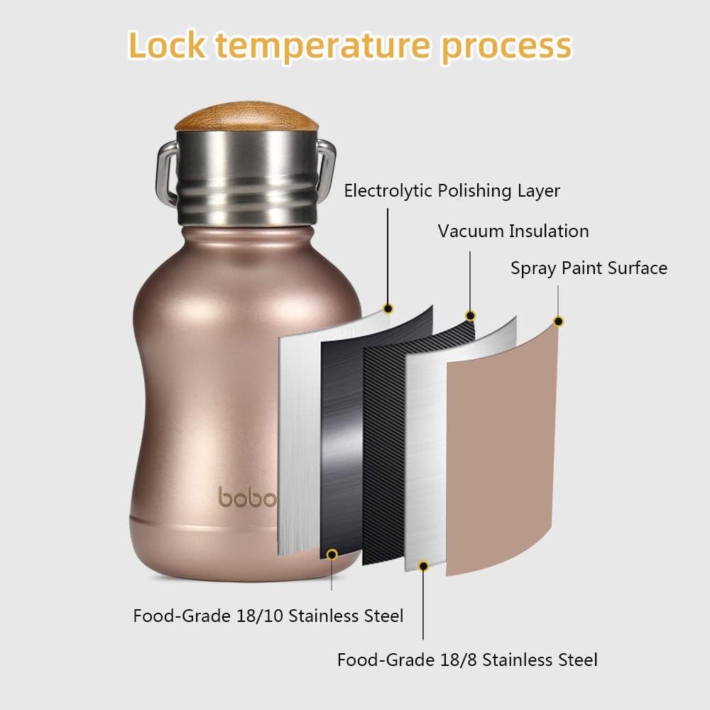 YOHKOH Mini Vacuum Insulated Water Bottle With Bamboo Lid - Stainless Steel Thermos Water Bottle for Women Girls Kids, Metal Sports Hot and Cold Water Bottle Leak-Proof BPA-Free (6.4oz,Gold)