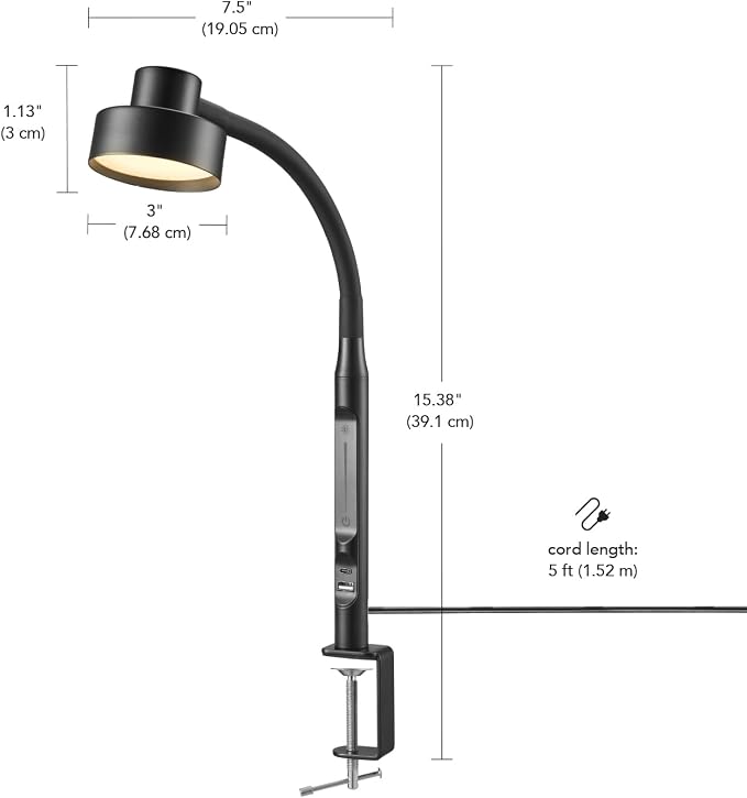 Globe Electric 62000036 15" LED Integrated Clamp Desk Lamp, Matte Black - Image 4