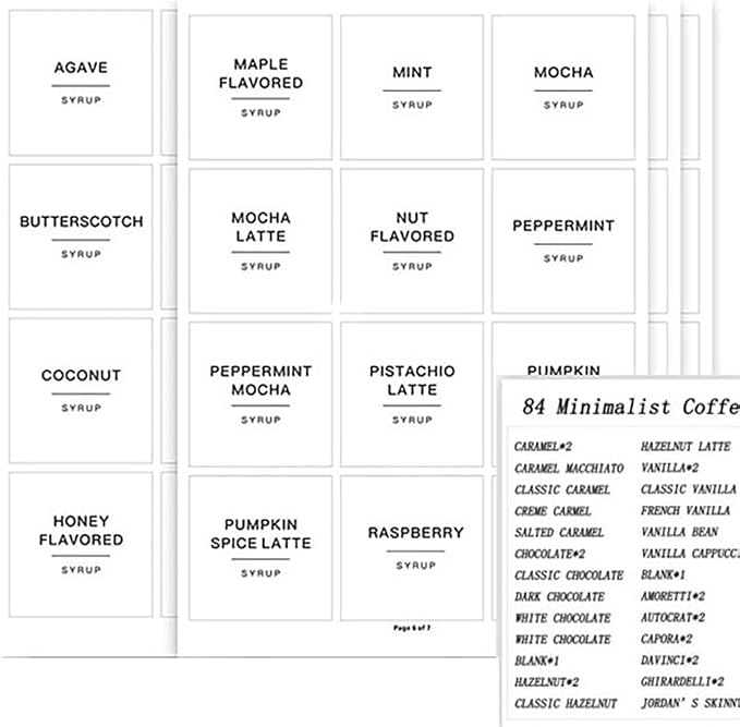 84 Pcs Coffee Syrup Labels Minimalist Coffee Bar Labels Syrup Dispenser Labels by BFLCTTBD
