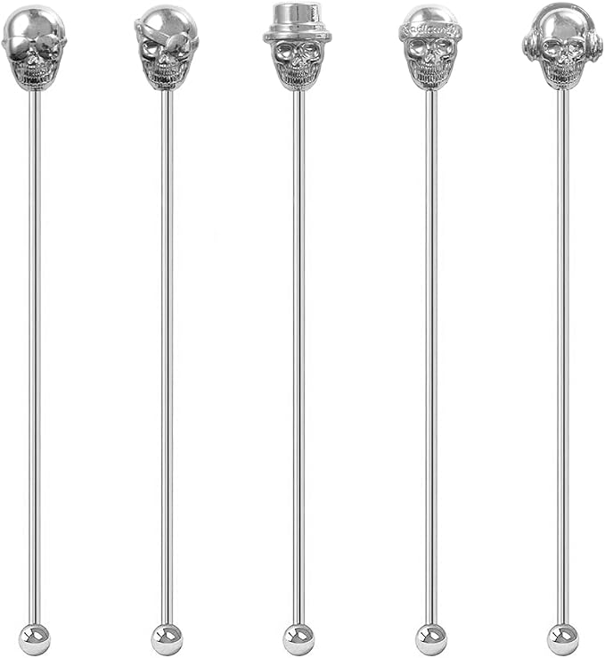 Skull Shape Swizzle Sticks, Reusable Stainless Steel Coffee Beverage Stirrers by Mewuthede