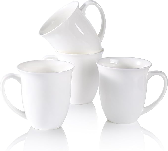 Fine Bone China Coffee Mugs Set of 4, 13 Oz White Tea Cups by COSTMANCE