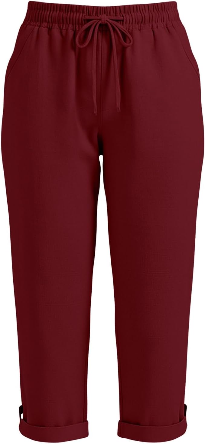 Drawstring Capri Linen Pants Women Elastic Waist Straight Leg Pant Summer Beach - Image 5