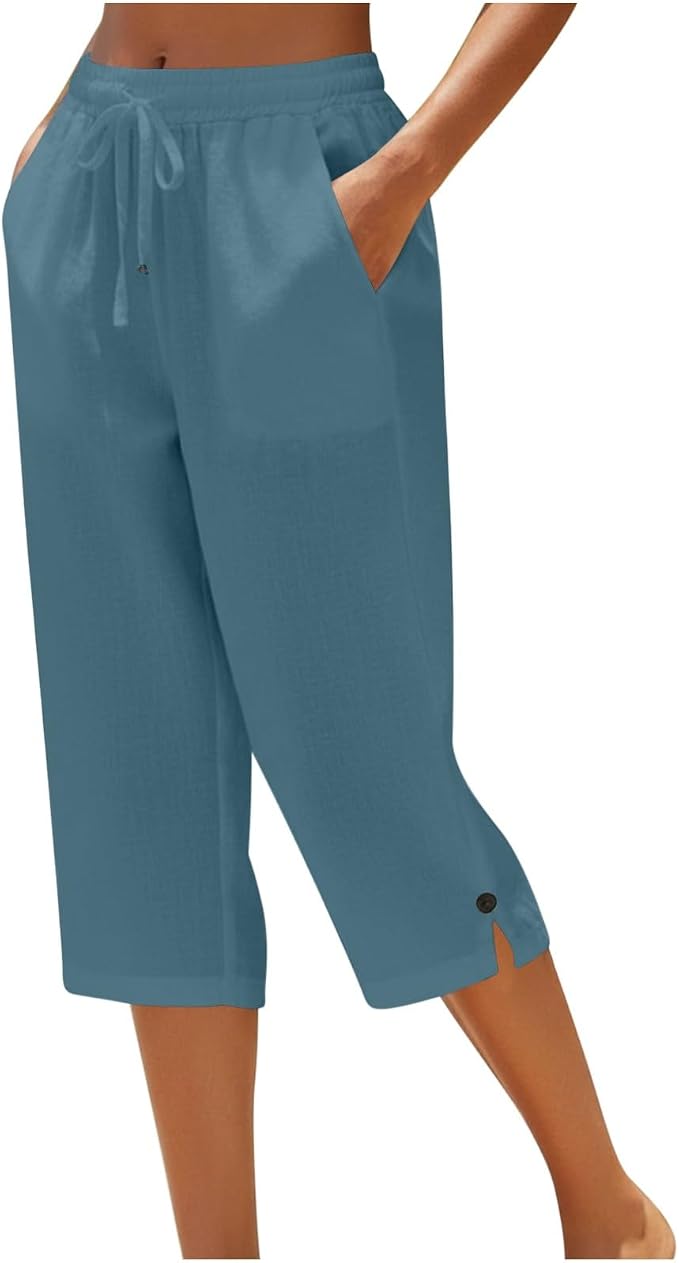 Straight Leg Capri Linen Pants for Women Elastic Waist Drawstring Pant Summer by Unknown