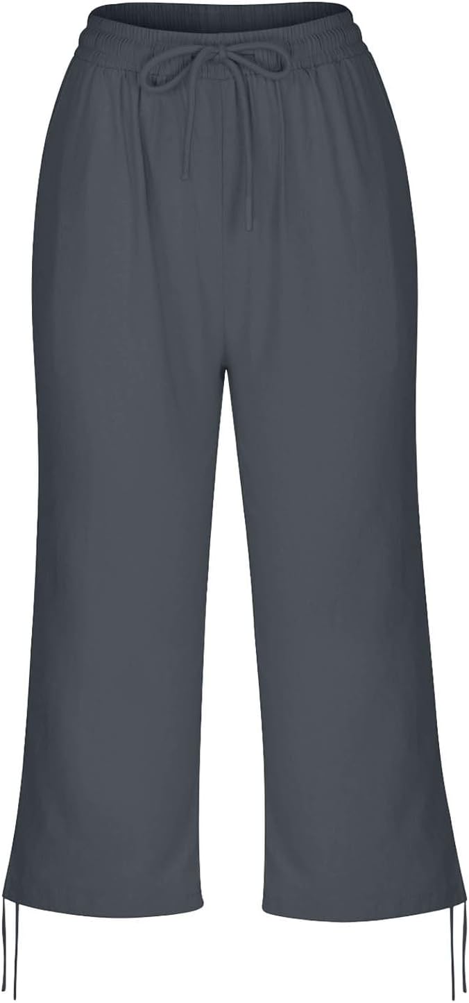 Linen Capri Pants for Women Drawstring Elastic Wide Leg Trouser 2026 Summer - Image 6