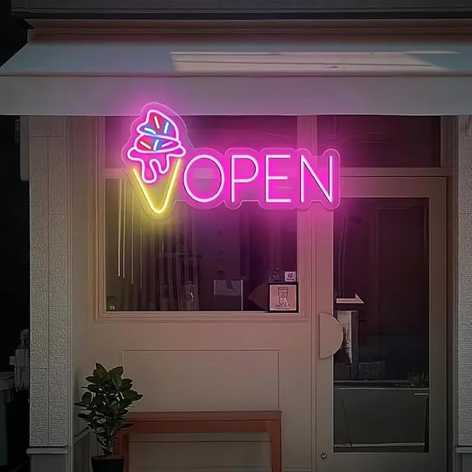 LED Neon Open Sign with Ice Cream Cone Design, USB Powered, Wall Hanging by KADAFAGO