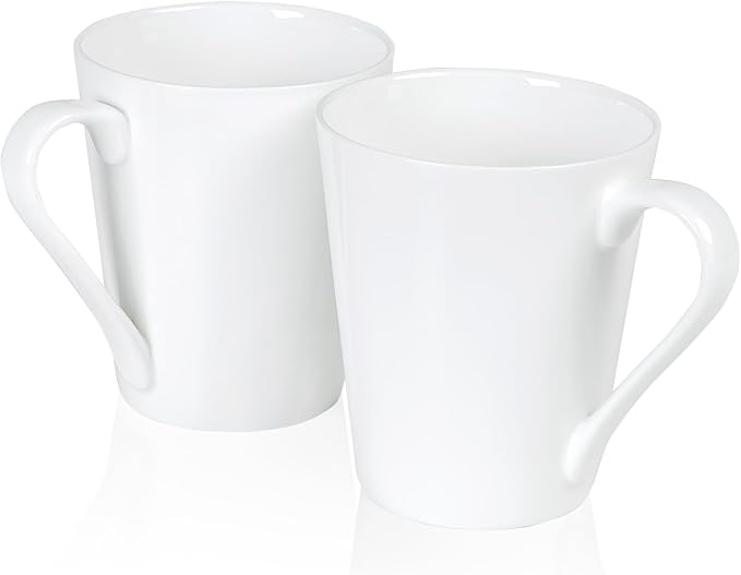 11 Oz Plain White Fine Bone China Coffee Mugs Set of 2, V-Shaped Latte Mug by COSTMANCE