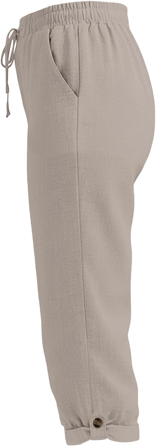 Drawstring Capri Linen Pants Women Elastic Waist Straight Leg Pant Summer Beach - Image 5