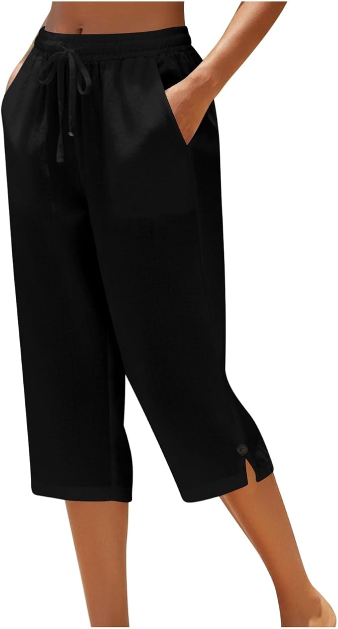 Straight Leg Capri Linen Pants for Women Elastic Waist Drawstring Pant Summer by Unknown