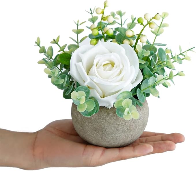 Small Artificial White Rose Potted Plant, Mini Faux Floral Arrangement - Image 2