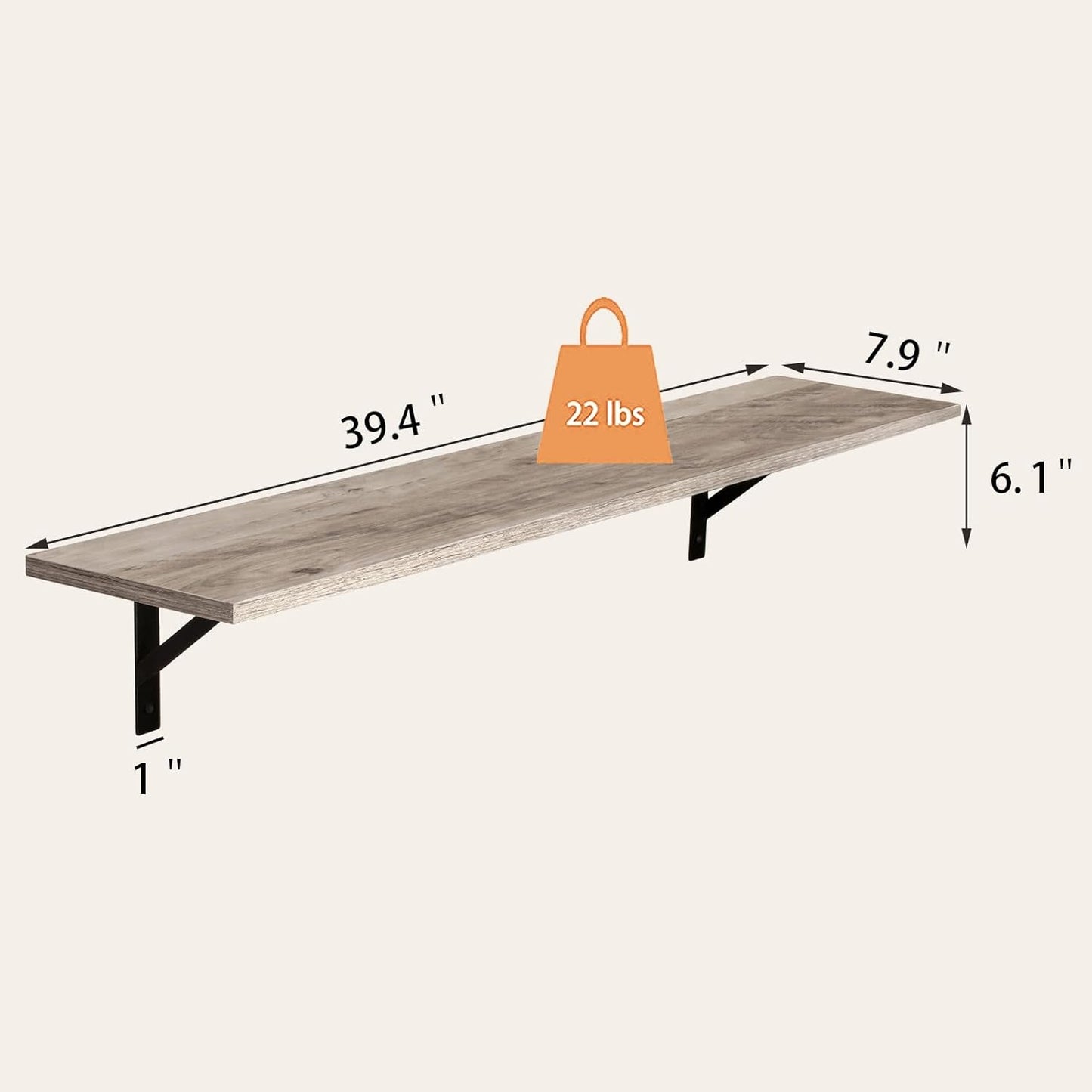 DINZI LVJ Long Wall Shelves, 39.4Inch Wall Mounted Shelves Set of 2, Easy-to-Install, Wall Storage Ledges with Sturdy Metal Brackets for Living Room, Bathroom, Bedroom, Kitchen, Greige