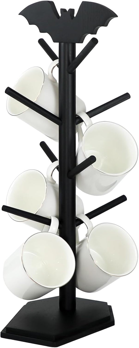 Bat Mug Holder Tree - 8 Hooks Coffee Mug Rack - Gothic Home Decor Wood Coffee Mug Tree for Countertop - Coffee Cup Holder for Halloween Kitchen Organizer & Coffee Bar Accessories, Black