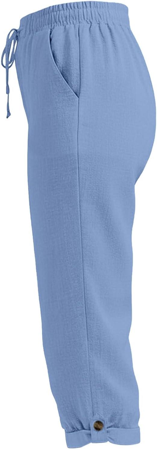 Drawstring Capri Linen Pants Women Elastic Waist Straight Leg Pant Summer Beach - Image 6