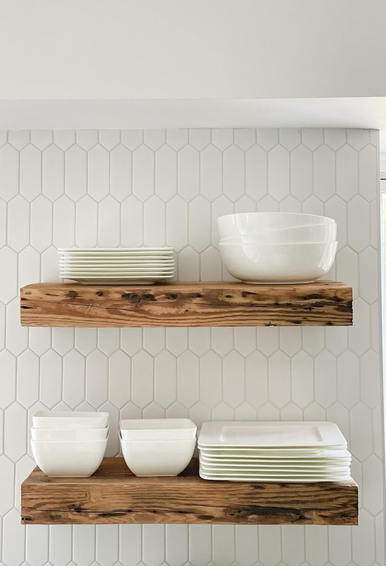 Modern Timber Craft Reclaimed Wood Fireplace Mantel Shelf | Solid Rustic American Barnwood with Floating Shelf Brackets | 2.75" Thickness | 60" L x 8" D, Rustic Original - Unfinished