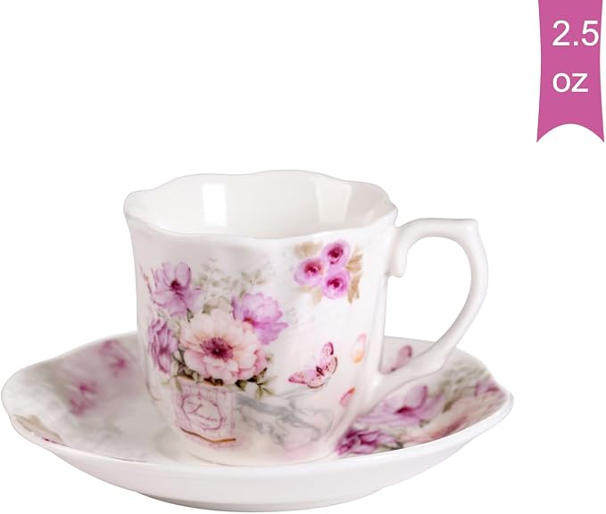 GuangYang 2.5 oz Porcelain Espresso Cups and Saucers Set – Floral Design - Image 2