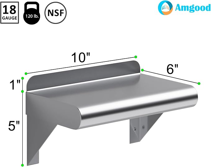 AmGood 6 in. x 10 in. Stainless Steel Wall Shelf | NSF | Metal Shelving | Garage - Image 3