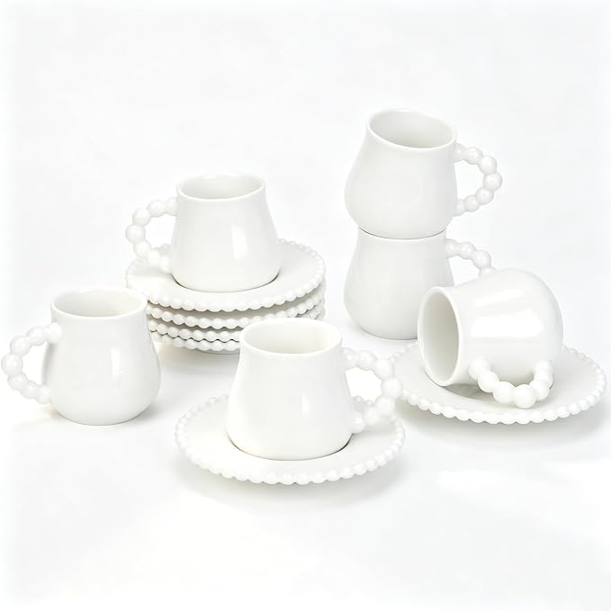 Coffee Cup Set of 6 with Saucers, 3.5 OZ Ceramic Espresso Cups, Demitasse by Hebaogugu