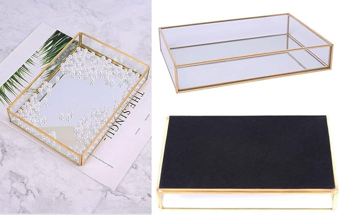 Sooyee Gold Rectangle Mirror Tray, Metal and Glass Decorative Tray Can Hold - Image 4