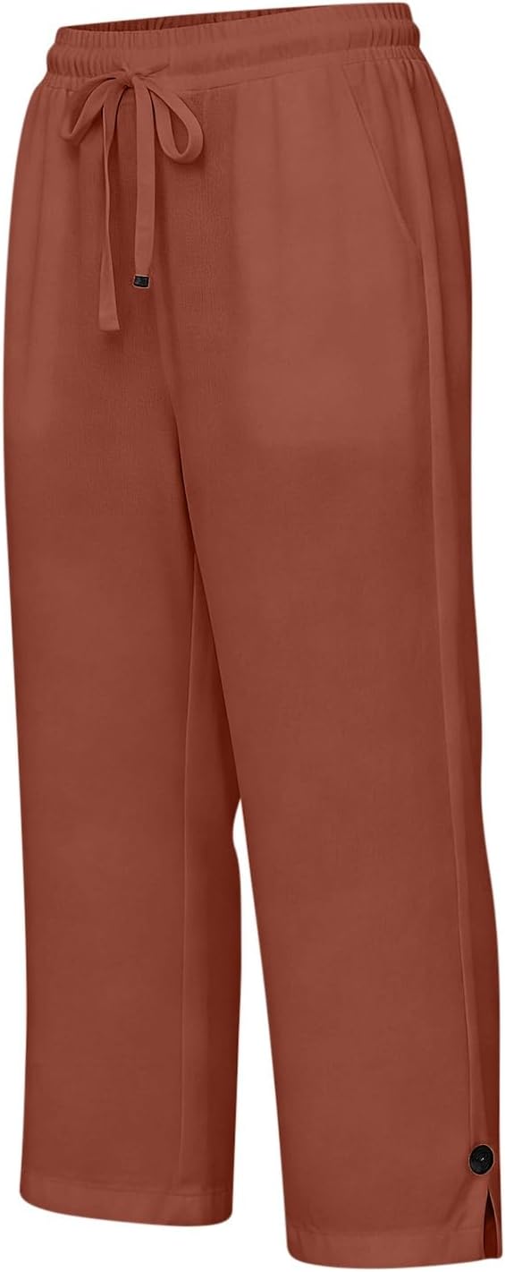Straight Leg Capri Linen Pants for Women Elastic Waist Drawstring Pant Summer - Image 3