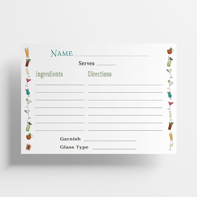 Cocktail Recipe Cards – 50 units – 4″×6″ Fill-in-the-Blank Cards by MarketOnMainstreet
