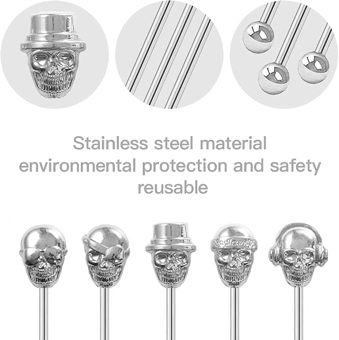 Skull Shape Swizzle Sticks, Reusable Stainless Steel Coffee Beverage Stirrers - Image 3