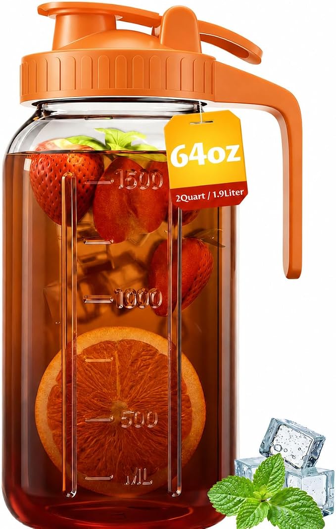 Glass Pitcher with Airtight Lid and Spout, 64oz Mason Jar Pitcher by VA1KENE