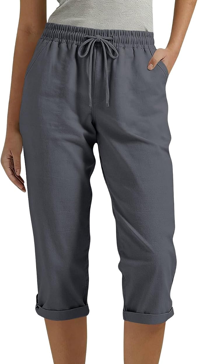 Drawstring Capri Linen Pants Women Elastic Waist Straight Leg Pant Summer Beach by Unknown