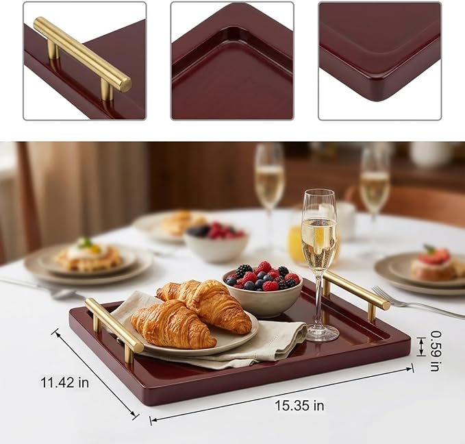 PEKER Wooden Serving Tray with Metal Handles, Ottoman & Home Décor, Wooden Food - Image 2