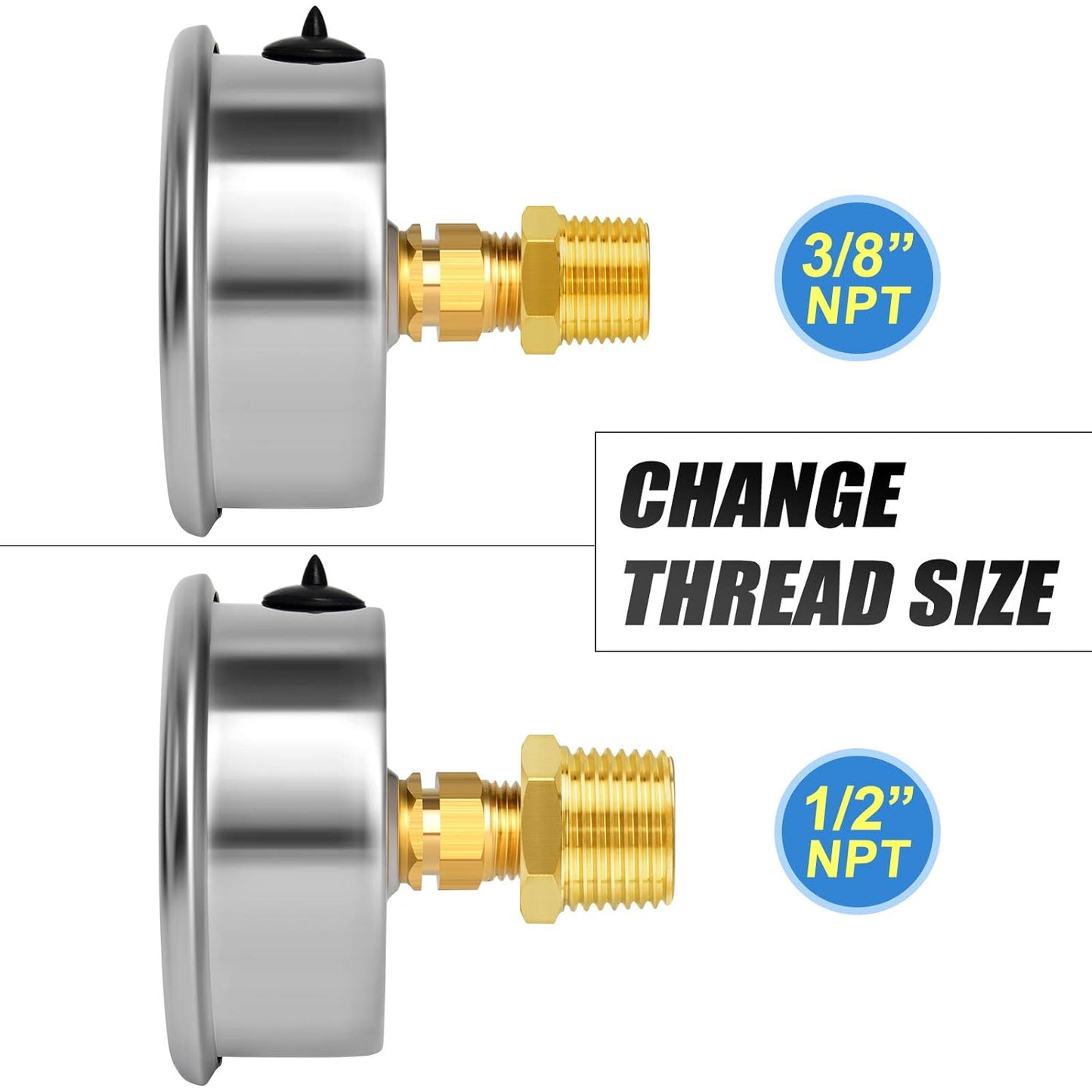 MEANLIN MEASURE 0~600Psi Stainless Steel 1/4" NPT 2.5" FACE DIAL Liquid Filled Pressure Gauge WOG Water Oil Air Center Back Mount, with 1/2" NPT and 3/8" NPT Hex Bushing
