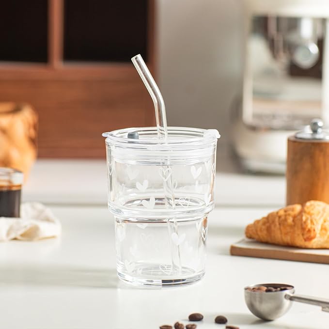 INSETLAN 13oz Heart Decal Glass Tumblers Set of 2, Thick Wall Glass Cups - Image 9
