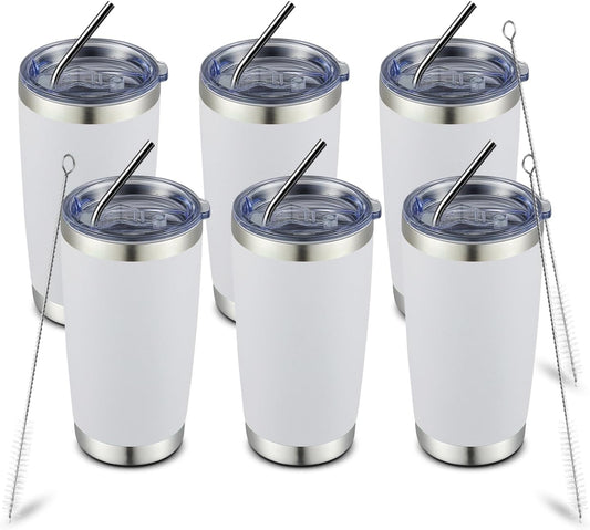 COMOOO 20oz White Tumbler Double Wall Vacuum Insulated Coffee Travel Mug Stainless Steel Tumbler Bulk with Lid and Straw Powder Coated Insulated Coffee Cup for Cold & Hot Drinks (White, 6 Pack)
