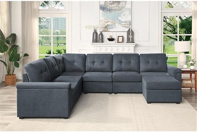Pemberly Row Gray Woven Fabric 7-Seater Corner Sectional Sofa, Modular Design - Image 2