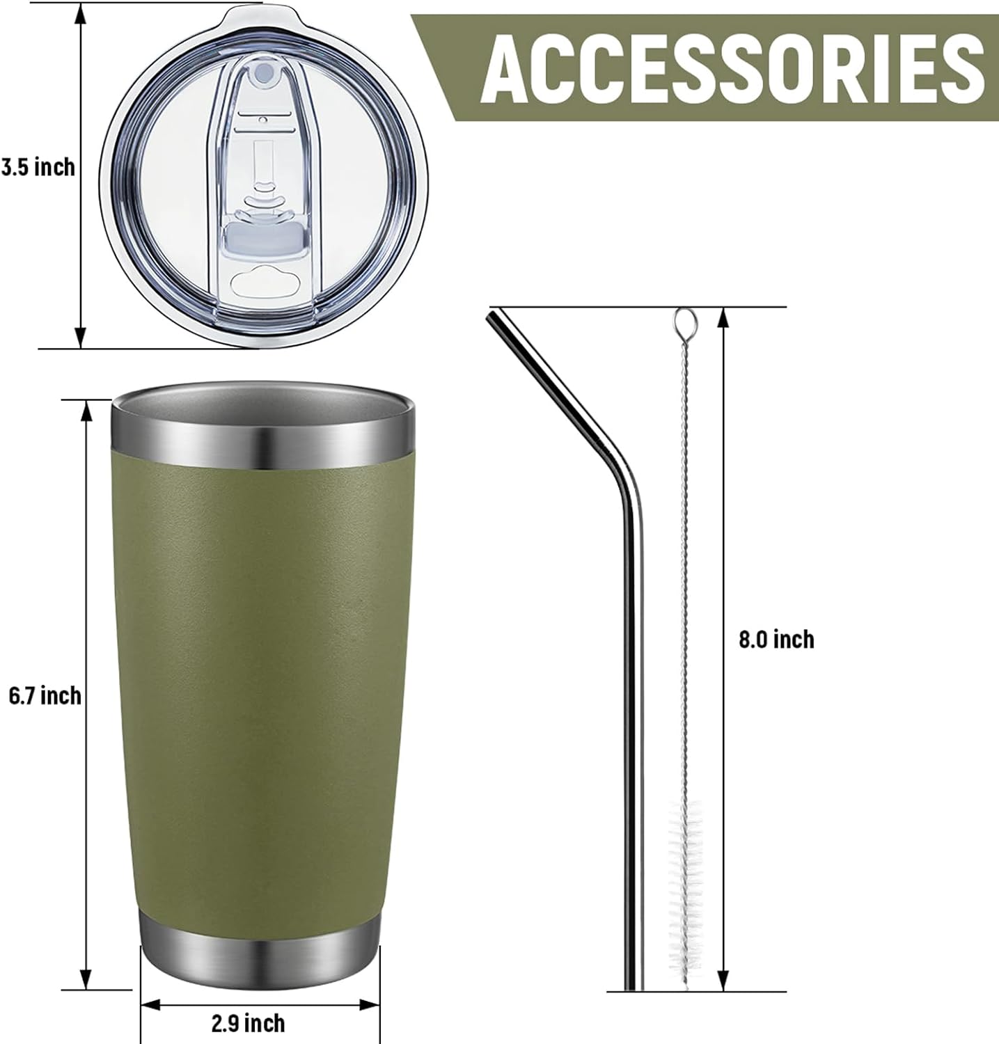 COMOOO 20oz Tumbler 8 Pack Double Wall Vacuum Insulated Travel Mug, Stainless Steel Tumbler with Lid and Straw Durable Powder Coated Insulated Coffee Cup for Cold & Hot Drinks,army green, 8 pack