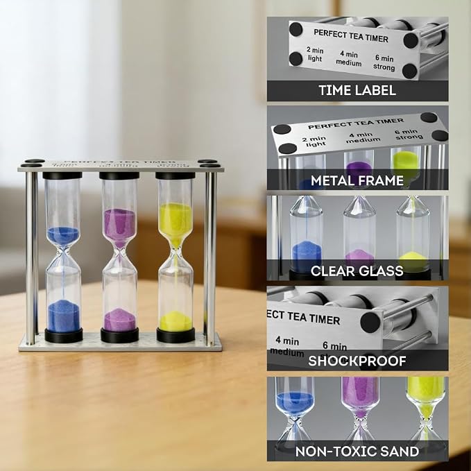 Lily's Home 3.5" Tall 3-in-1 Perfect Tea Timer, Includes 2, and 6 Minute Sand - Image 3