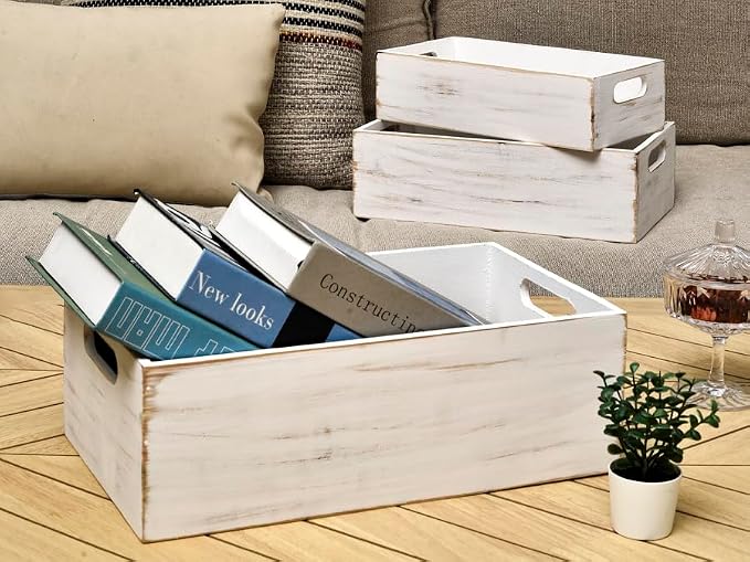 Set of 3 White Wooden Boxes for Storage Small Crates for Display and Organizing - Image 2