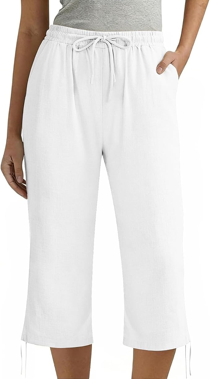 Linen Capri Pants for Women Drawstring Elastic Wide Leg Trouser 2026 Summer - Image 5