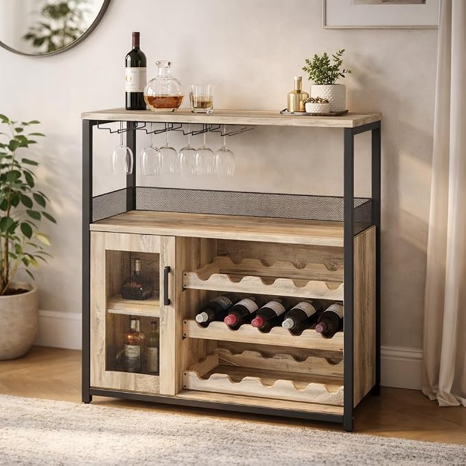 Wine Bar Cabinet, 3-Tier Liquor Storage Cabinet by IDEALHOUSE