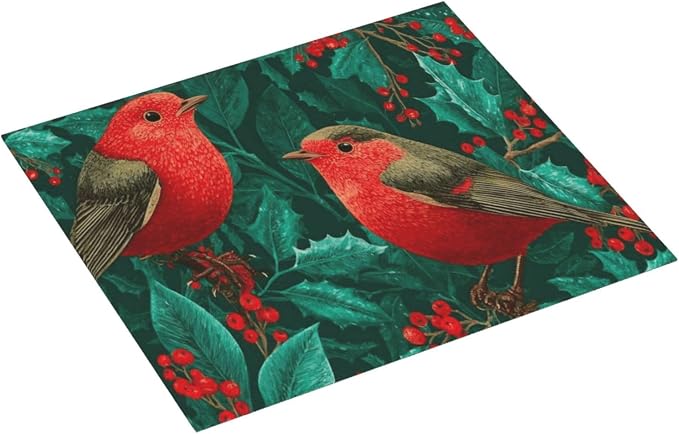 Two Red Birds Holly Red Berries Dark Green Absorbent Dish Drying Mat - Image 4