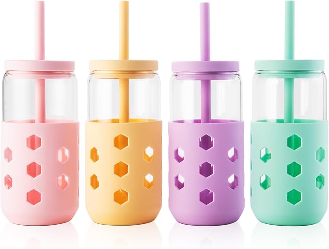 Mrsdry Glass Cups with Lids and Straws, 16oz Drinking Glasses Set with Silicone by Mrsdry