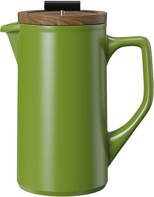 DHPO Ceramic French Press Coffee Maker, 22 Ounce Coffee Press Manual Brewer with Walnut Wood Lid, Premium Food Grade Stainless Steel Filter with Dual Screen for Coffee and Loose Tea, Gift Box, Green